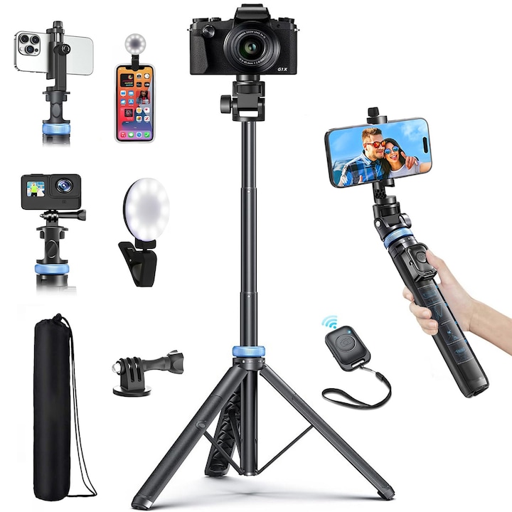 Телескопичен статив за снимки, BYONDSELF®, 160 см, чанта за съхранение, функция за селфи стик, свалящо се Bluetooth дистанционно управление, съвместимо с iOS / Android, за камера/телефон/Gopro