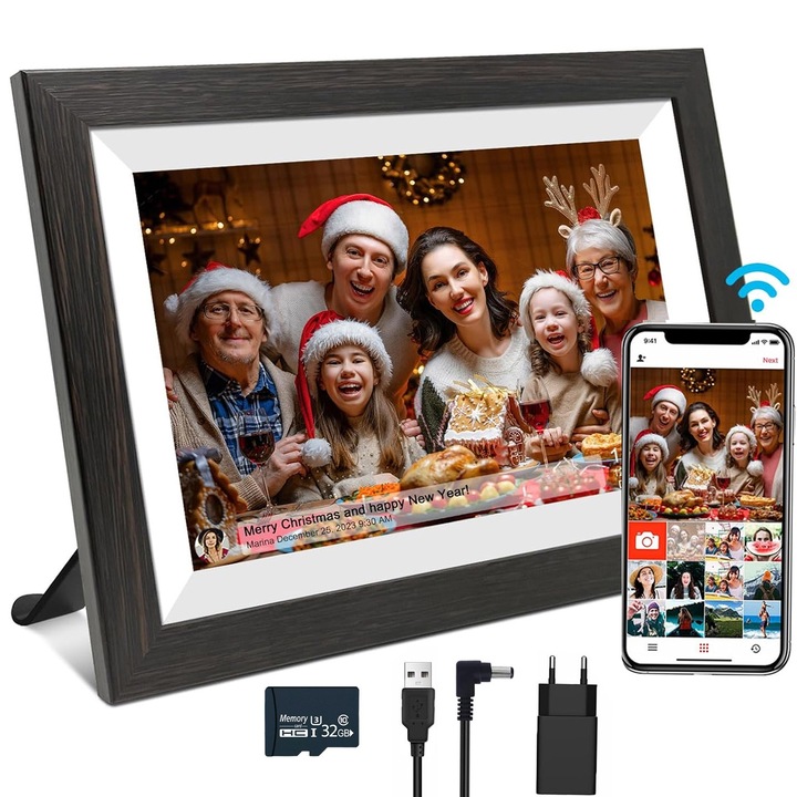 WIFI цифрова фоторамка, BYONDSELF®, 10,1 инча, 32 GB, 1 GB RAM, с 32G microSD, дърво, приложение Frameo, 800X1280 HD IPS сензорен екран, автоматично завъртане, кафяв