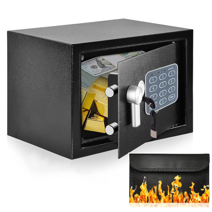 Seif Din Otel cu Inchidere Electronica si Cheie, BYONDSELF®, 17×23×17 cm, cu Buzunar pentru Documente Rezistent la Foc, Otel, Antifurt, Negru