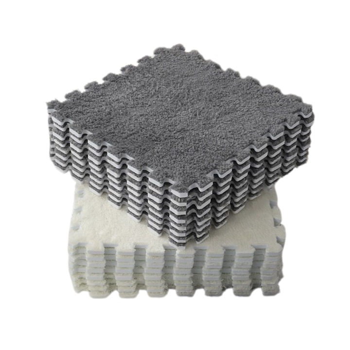 Комплект килим тип шах, 16 части, сив/бял, 30x30 см, текстилна материя, неплъзгаща се основа от пяна