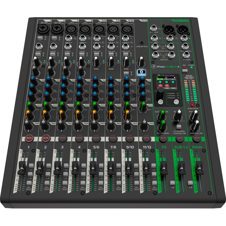 Mixer analogic cu 12 canale, Mackie, PROFX12V3+, Efecte profesionale si EQ digital, Bluetooth, Negru