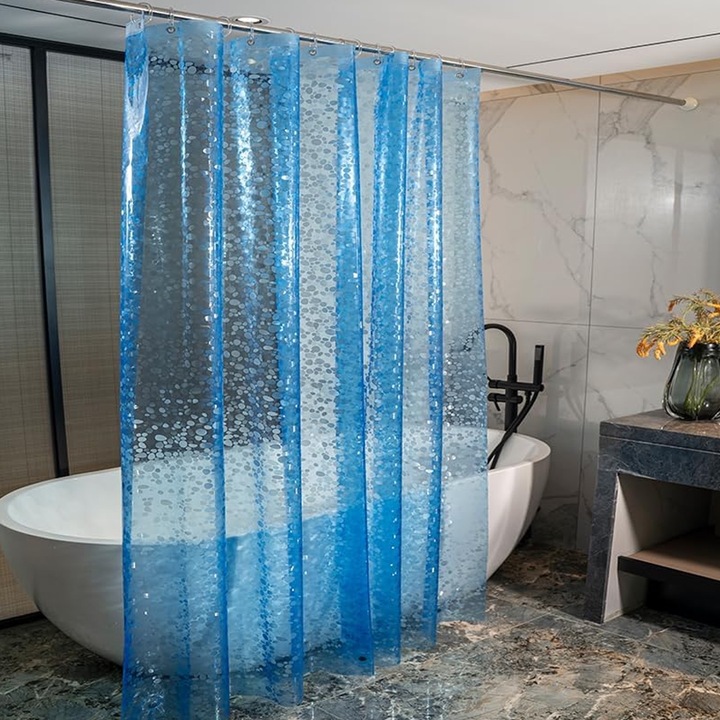 Perdea dus, SINBINTA, 180x180 cm, Cu 12 inele otel si 3 magneti, Imprimeu pietricele, PEVA impermeabil, Usor de curata, Non-toxic si inofensiv, Simplu si elegant, Plastic, Albastru