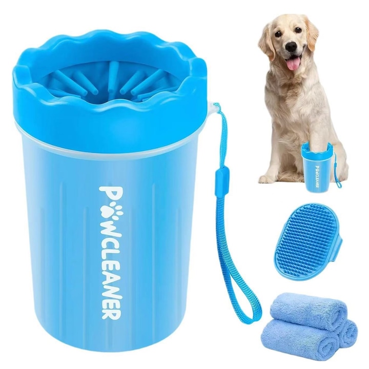 Dispozitiv pentru Curatare Labute Animale, SINBINTA, Cu 3 prosop si 1 perie de baie, Talie medie, Design 360º, Anti-cadere si anti-impact, Usor de curatat si indepartat, Pentru caini si pisici de talie medie si mare, Silicon/PP, 8.5x15cm, Albastru