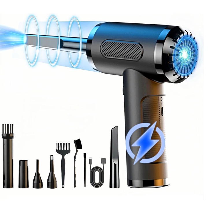 Suflanta Aer, SINBINTA, Suflanta aer pentru indepartare praf, 50000 RPM, 7 tipuri de duze, 3 trepte de viteza, Cu Lanterna LED, 2000mAh, Fara fir, Portabila, Pentru Indepartare praf PC, tastatura, ABS, 178x69x141mm, Negru