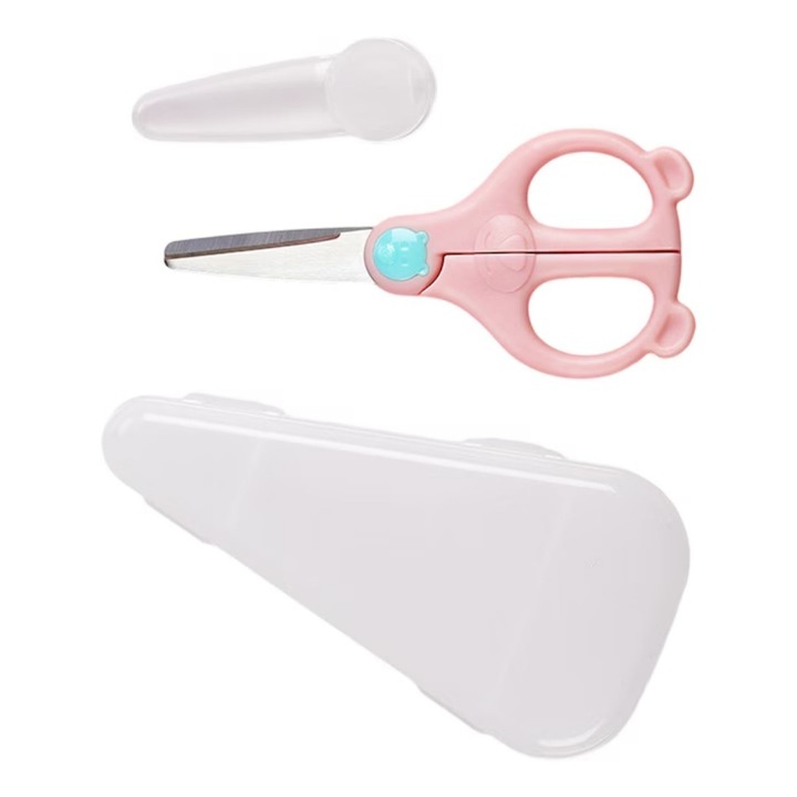 Foarfeca pentru copii, Roz, Set cu capac de protectie, Panza ceramica, rotunjita ascutita, rezistenta la temperaturi ridicate, usor de curatat cu un singur pumn, compact, 15 × 7cm