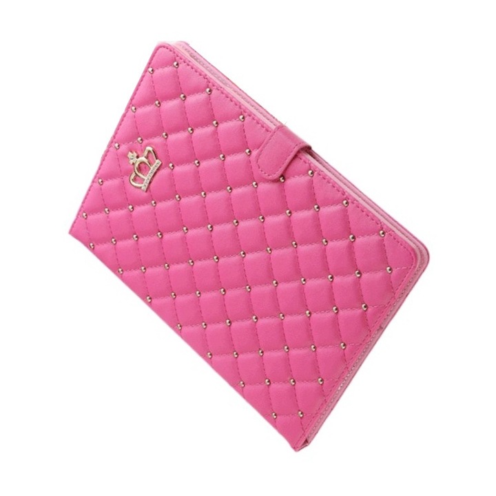 Husa pentru iPad 2017, 9.7", Piele, Functie inactiva, anti-cadere si rezistenta la uzura, Roz, Textura moale si delicata, senzatie confortabila, Elementele de design ale coroanei adauga o nota de moda si lux