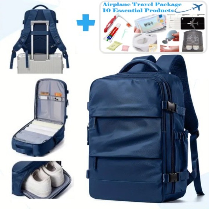 Rucsac Multifunctional de Calatorie 40x30x20 cm – Bagaj de Mana cu 10 Produse Aprobate TSA Incluse, Acceptat de Companiile Aeriene: Wizz Air, Ryanair si Tarom – Rezistent, Elegant, cu Compartimente Separate pentru Laptop si Pantofi, Albastru Marin