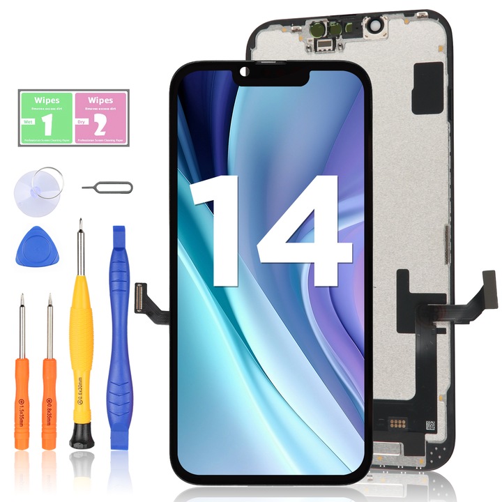 LCD дисплей за Apple iPhone 14, сензорен екран, LL TRADER, смяна на екрана, високо качество, с рамка, черен, с инструменти за ремонт