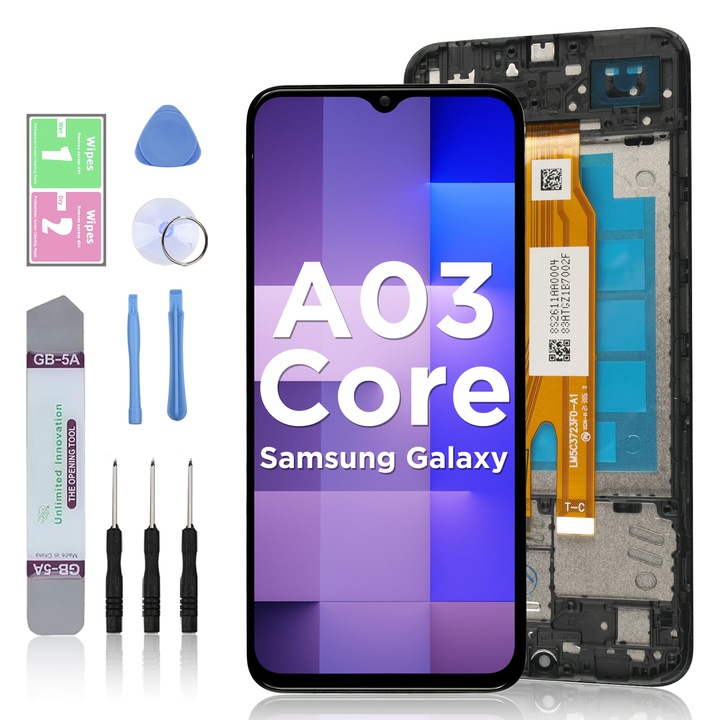 LCD дисплей за Samsung Galaxy A03 Core, сензорен екран, LL TRADER, смяна на екрана, високо качество, с рамка, черен, с инструменти за ремонт