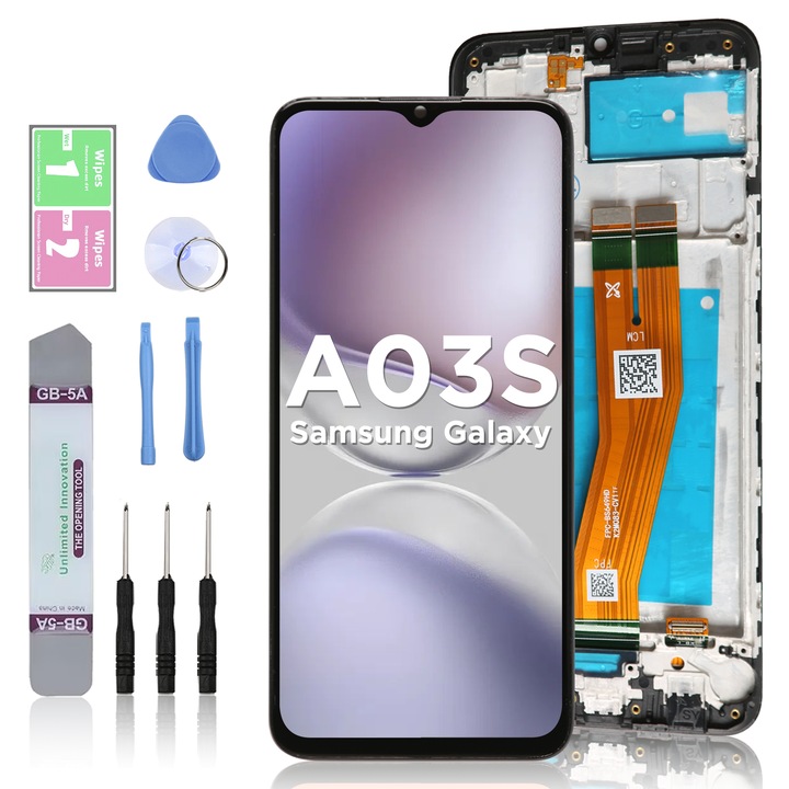 LCD дисплей за Samsung Galaxy A03S, сензорен екран, LL TRADER, смяна на екрана, високо качество, с рамка, черен, с инструменти за ремонт