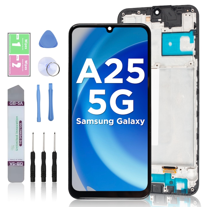 LCD дисплей за Samsung Galaxy A25 5G, сензорен екран, LL TRADER, смяна на екрана, високо качество, с рамка, черен, с инструменти за ремонт