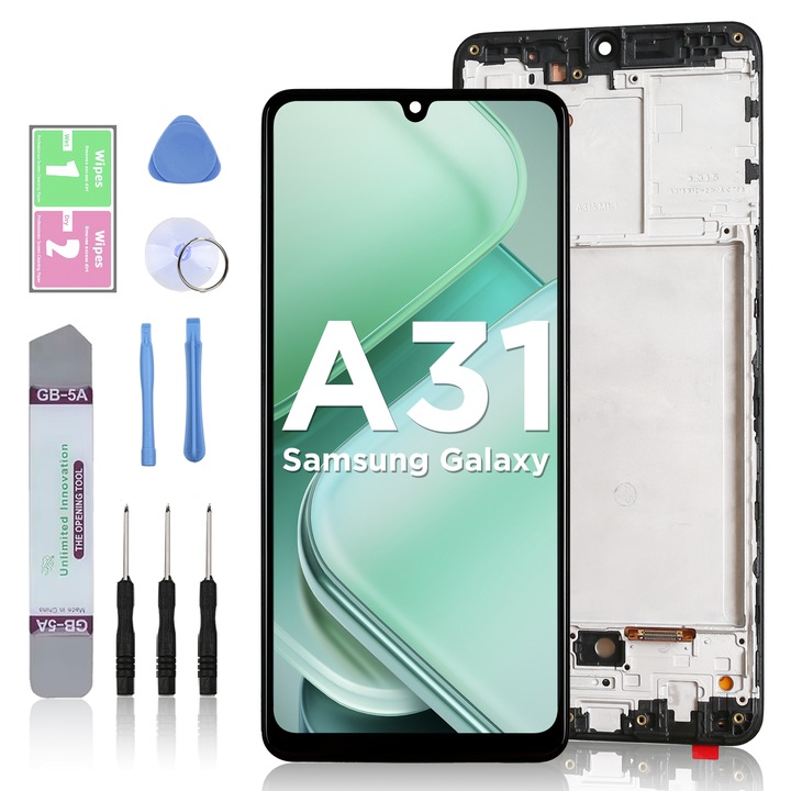 LCD дисплей за Samsung Galaxy A31, сензорен екран, LL TRADER, смяна на екрана, високо качество, с рамка, черен, с инструменти за ремонт