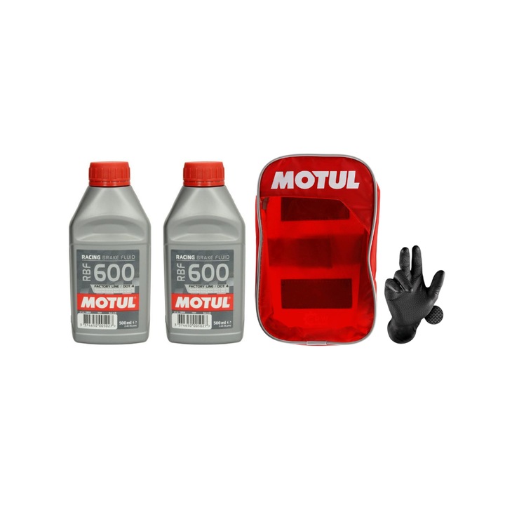 Set 2 buc, Lichid frana Motul RBF 600 FACTORY LINE, 500 ml, Husa Motul, 1 pereche manusi