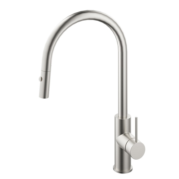 Кухненски смесител, неръждаема стомана, въртящ се на 360° чучур, 2 струи, никел мат, Amato