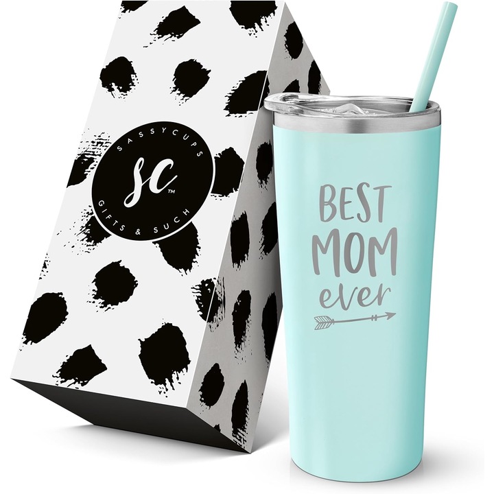 Cana termos calatorie Best MOM Ever, SassyCups, alb, otel inoxidabil, 625 ml