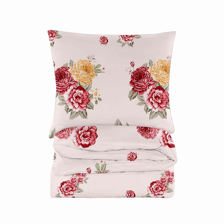 Lenjerie de Pat Bumbac 160x200 cm Imprimeu Floral Trandafiri Eleganti, Confort Superior, Material Respirabil, Culori Durabile, Usor de Intretinut, Design Romantic, Ideala pentru Dormitorul Tau