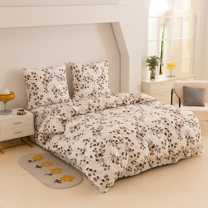 Комплект плик за завивка и 2 калъфки за възглавница, Cotton Market, Флорален дизайн, Памук, 160x200cm, 70x80cm, Многоцветен