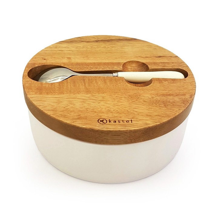 Zaharnita din portelan Kassel, 3 piese, lingurita inclusa, capac din lemn de salcam