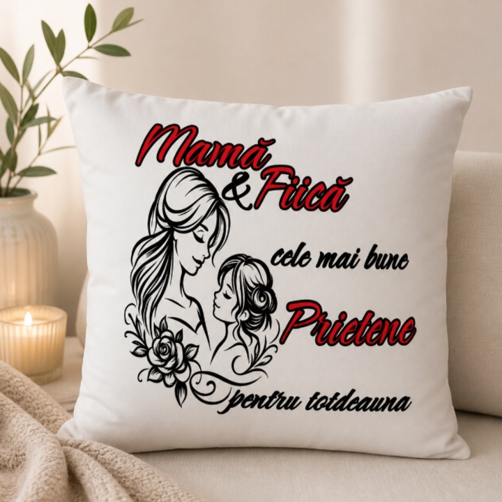 Perna personalizata, model, ''Mama&Fiica cele mai bune prietene pentru totdeauna'', alba, poliester, 40x40 cm