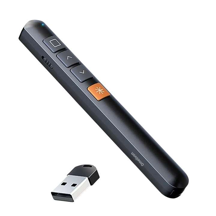 Prezentator Wireless cu Laser, Model P700, Omelivon®, pointer, Telecomanda RF 2.4GHz, Buton Linkuri Hipertext, Dimensiuni Compacte (90x35x20mm), Negru + Portocaliu​​