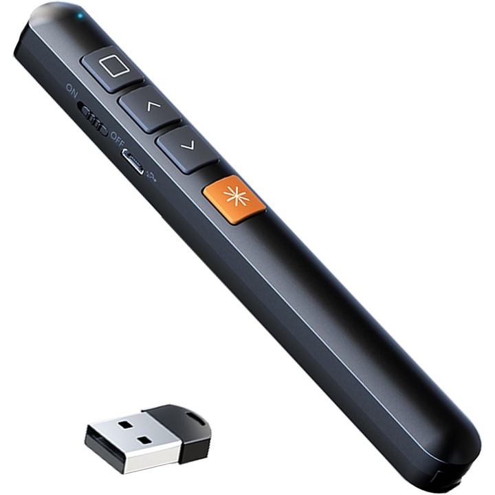 Безжичен презентатор, лазерно слайд дистанционно управление, 100 м обхват, 2,4 GHz, съвместим с PowerPoint/Prezi/Keynote, хипертекстови връзки, компактен дизайн