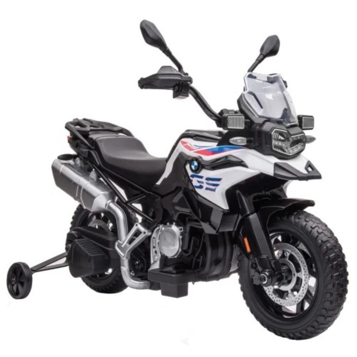 Motocicleta electrica BMW F850 GS, Licentiat, baterie 12V, roti moi EVA, motor 2 x 35W, lumini LED, roti auxiliare, alb