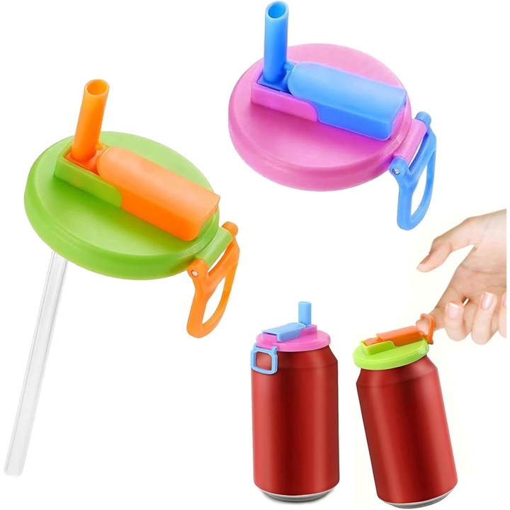 2 db univerzális fedél szívószálas konzervdobozokhoz, csúszásmentes textúra + légmentes, 2 élénk szín (fluorzöld és lila), élelmiszer-minőségű szilikon anyag - praktikus konyhai kiegészítő tároláshoz és szállításhoz