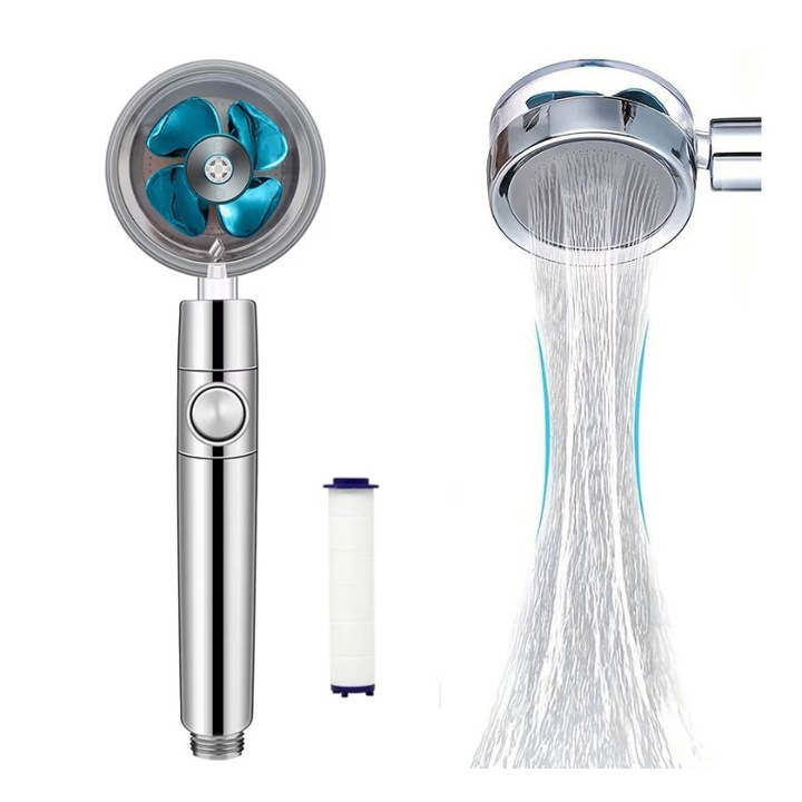 Cap de Dus carrlinechoo cu Elice Albastra, Jet cu Presiune Foarte Puternica, Cap Rotativ 360°, Buton On/Off, Filtru Bumbac pentru Nisip si Rugina, Design Premium
