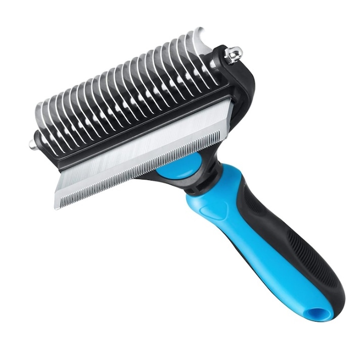 Perie par Caini, Pisici, Animale, carrlinechoo®, Tesala si Perie trimmer 2 in 1, Anti-naparlire, Descalcire blana, pentru tuns par scurt si lung, L