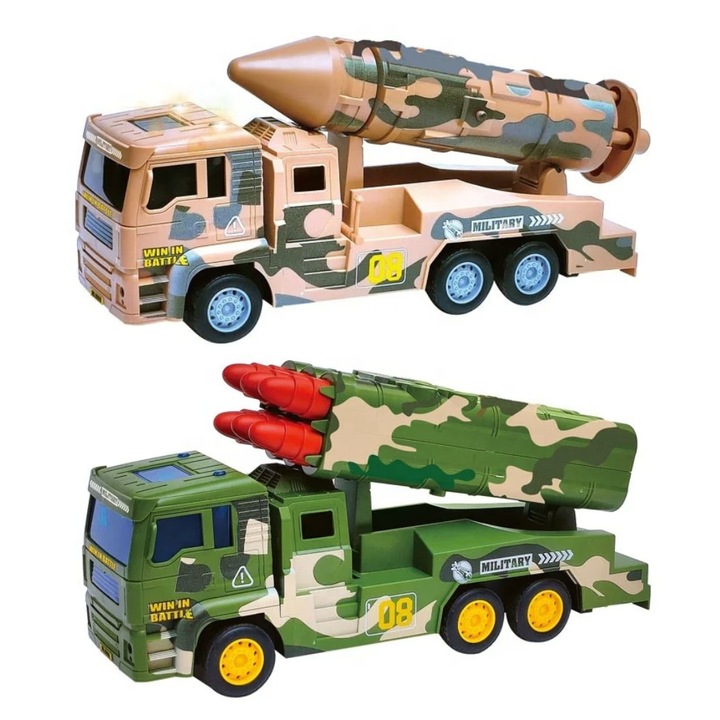 Комплект 2 военни камиона с 6 колела, изстрелващи ракети, интерактивни играчки, 30 см, зелени и кафяви, за деца, Dalimag