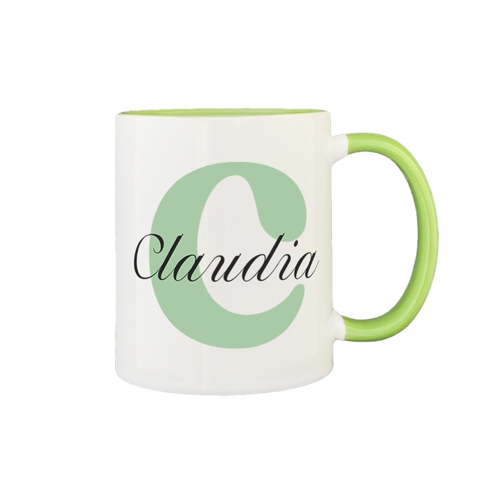 Személyre szabott bögre keresztnévvel, fehér, zöld belsővel és fogantyúval, 350 ml, Női keresztnév kollekció, Claudia