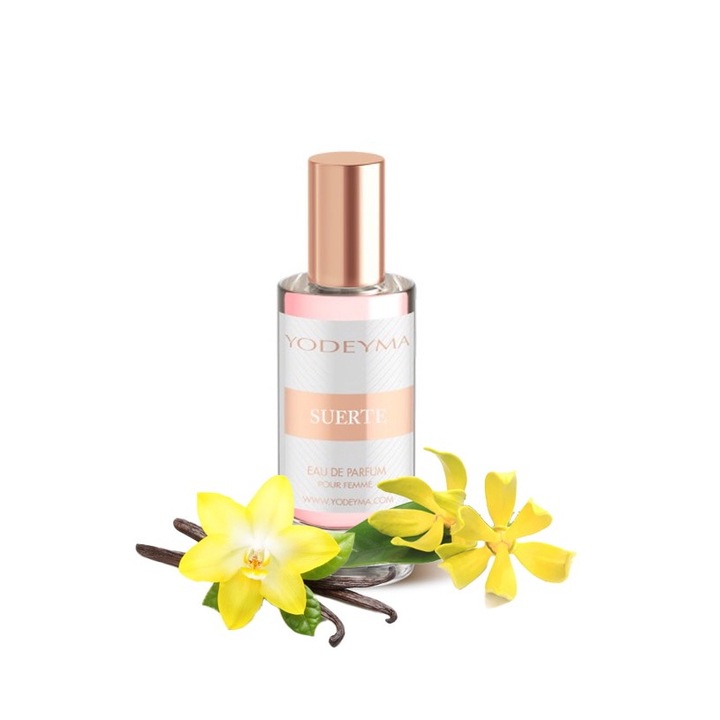 Yodeyma Suerte Eau de Parfum nőknek, Ylang Ylang árnyalatai, vanília és fehér pézsma, a kifinomult és elbűvölő nőnek ajánlott, 15ml
