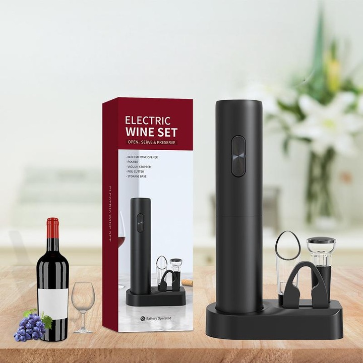 Set 5 piese, deschizator electric de sticle de vin rosu, accesorii taiat folie si aerator, negru
