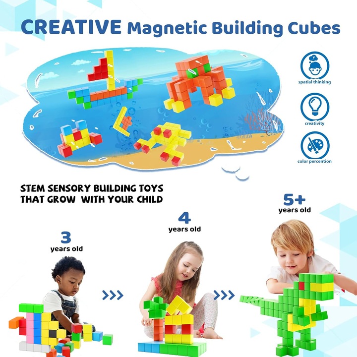 Set de Construit cu Piese Magnetice, BYONDSELF®, 64 Piese, Blocuri Magnetice, Jucarii Educative Creative, Peste 3 Ani, Potrivite pentru Baieti si Fete, Multicolor