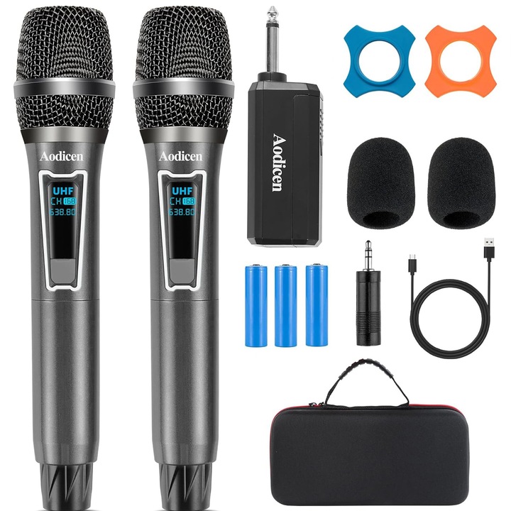 Set 2 microfoane wireless, BYONDSELF®, Digital, 30M, Receiver Wireless, 6.3mm, cu Receiver Jack 3.5mm, Mai mare decat 90db, Geanta de Depozitare, pentru Conferinta, Karaoke, Discursuri, Inregistrare