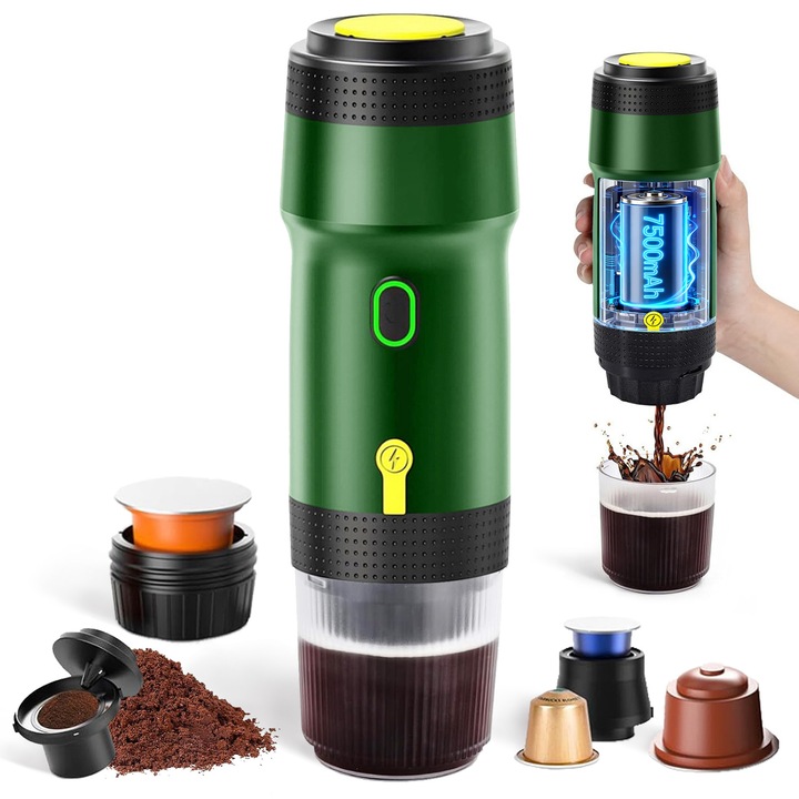 Espressor Portabil 2 in 1, BYONDSELF®, 20bar, Functie de Incalzire, pentru Capsule si Cafea Macinata, 7500 mAh, Potrivit pentru Calatorii, Camping si Birou