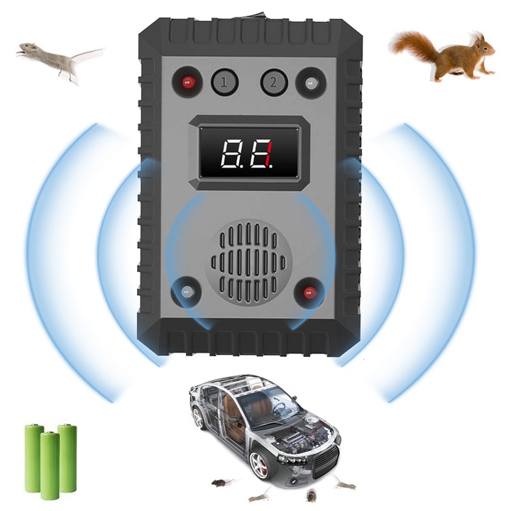 Rágcsálóriasztó, Kesment, Anti Mice, 360°-os kiterjesztett lefedettség, kettős ultrahangos technológia, villogó lámpák, autómotorokhoz, garázsokhoz és otthoni használatra, fekete
