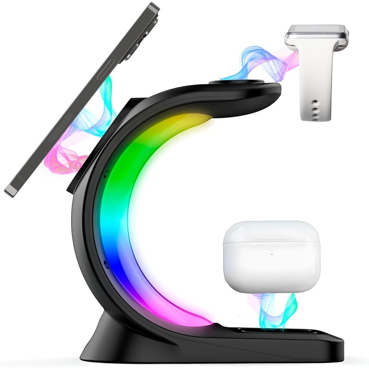 Безжично зарядно устройство 3 в 1 с RGB светлини, тип станция за зареждане на Kesment, телефон, слушалки и часовник, бързо зареждане 15 W, магнитно зареждане, съвместимо с IPhone, Airpods, Apple Watch, черно