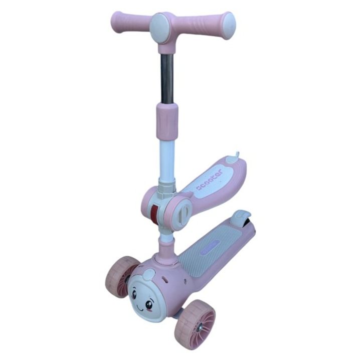 PENDAN 2 az 1-ben összecsukható roller, 925 Z, rózsaszín, üléssel, világító kerekekkel, állítható magasságú