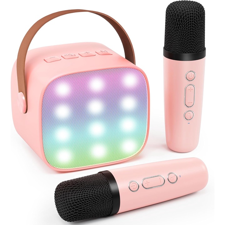 2 karaoke mikrofon készlet gyerekeknek és felnőtteknek goBERA, hordozható hangszóróval, 4 hangeffektussal, 3D Surround Sound, LED világítással, bulikra, vezeték nélküli, Bluetooth 5.3, MP3 lejátszó, MicroSD kártya, Type-C, Purple Aux, Rózsaszín