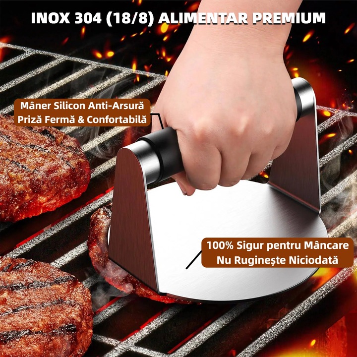 Presa hamburger, Omelivon® BS-P3, presa burger, din otel inoxidabil 304, cu manere din silicon rezistent la caldura, pentru gratar si gatit. Rezistenta la pata, usor de curatat, 14 cm, Negru