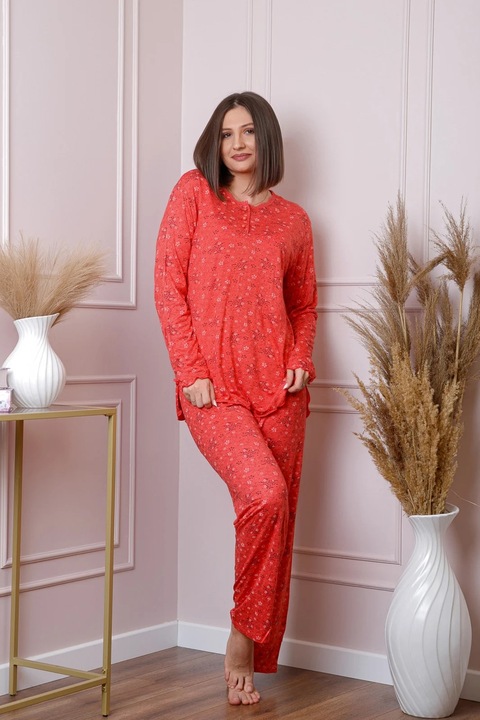 Pijama dama Lisa plus size din bumbac corai cu imprimeu floral, L INTL