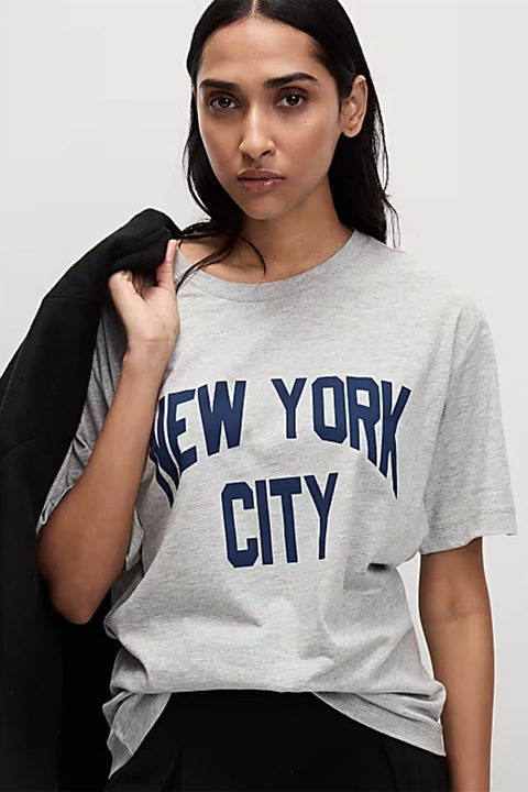 Marks & Spencer, Tricou din bumbac cu imprimeu text, Gri deschis/Albastru inchis