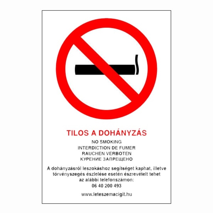 Információs tábla, Tilos a dohányzás (4 nyelvű) 20x30cm, 3mm műanyaglemez (TIL-1671)