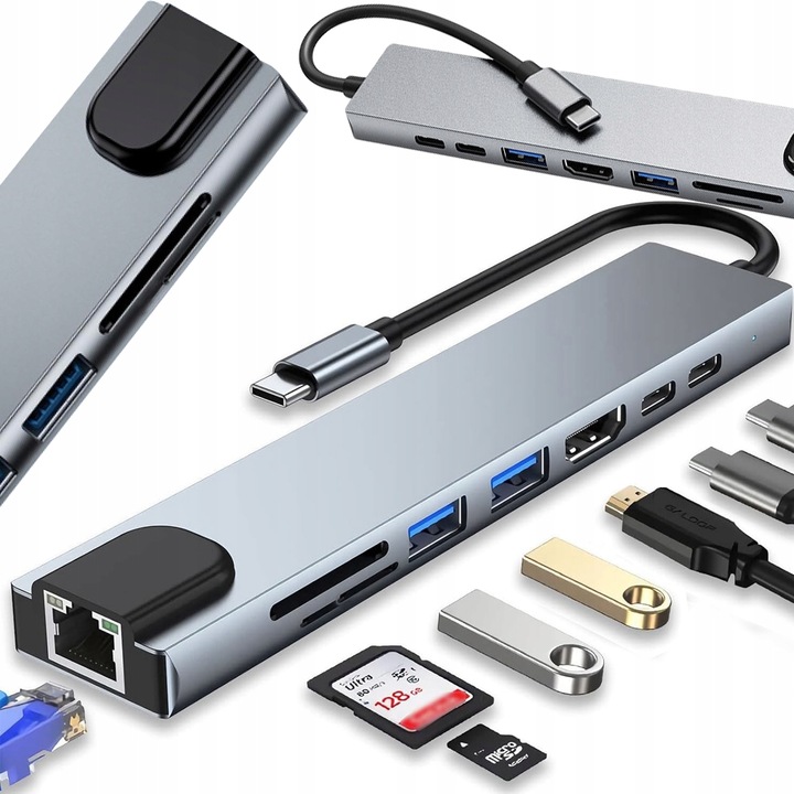 USB 3.0 hub, Zola, 8 porttal, Type-C töltőport, műanyagból és rozsdamentes acélból, szürke