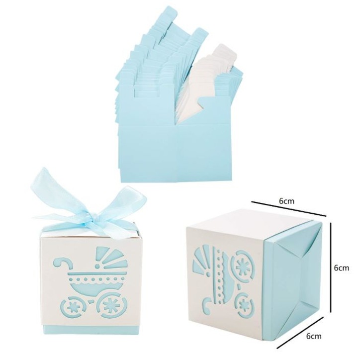 10 bucati cutie marturii carucior fetite alb albastru deschis marturie trusou botez cutii bomboane 6cm