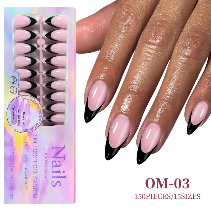 Capsule pentru unghii, AONYIYI, French manicure, 150 bucati, forma migdalata scurta model model cu varf ascutit