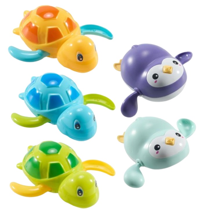Set 5 jucarii de baie AKAMI pentru copii, animale plutitoare, mecanice, broasca testoasa si pinguin
