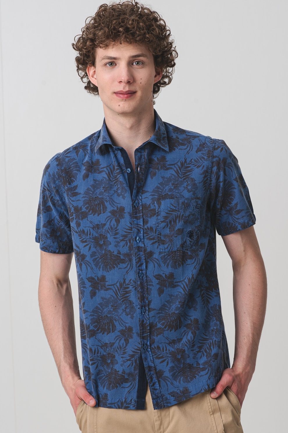 Lumberjack, Camasa cu maneci scurte si imprimeu tropical, Albastru inchis, 2XL