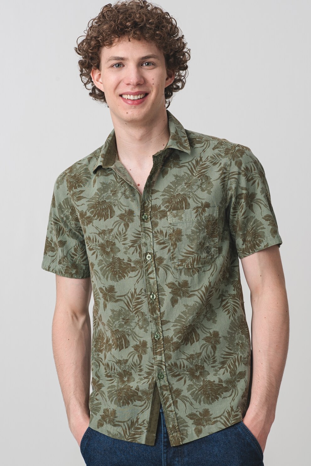 Lumberjack, Camasa cu maneci scurte si imprimeu tropical, Verde deschis, XL